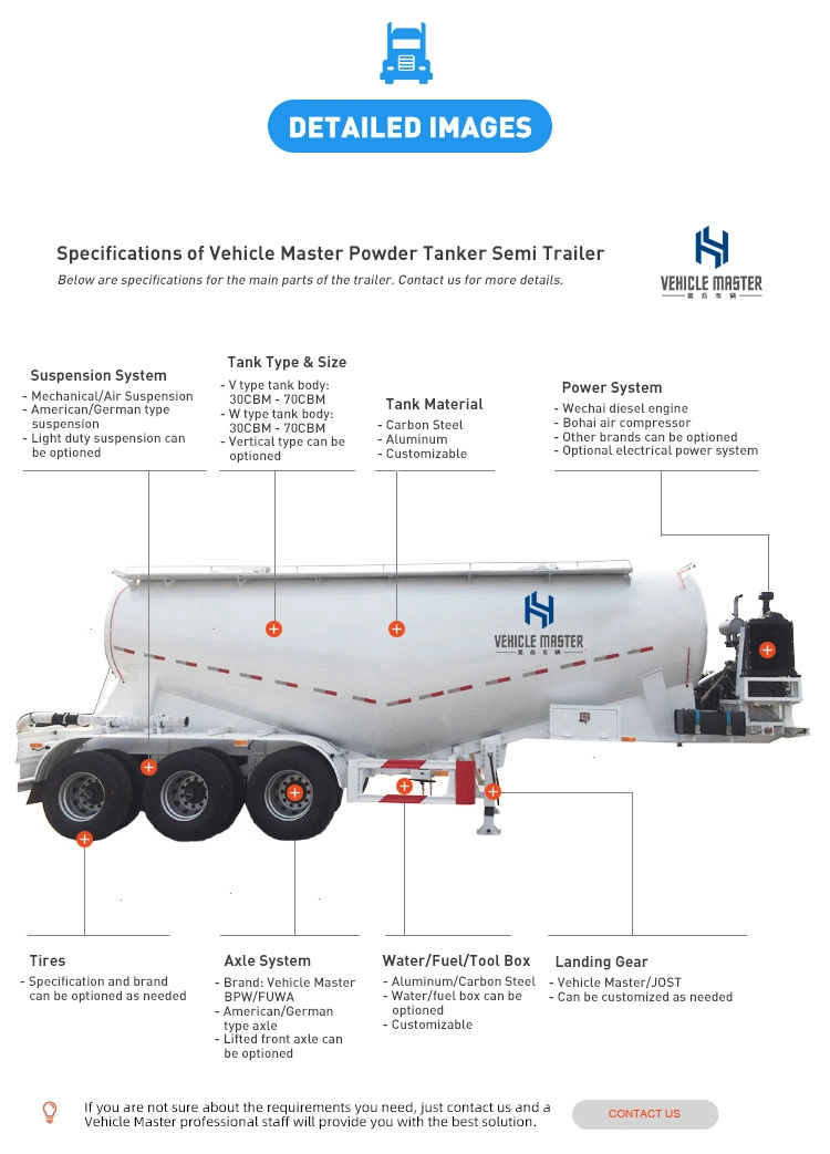 Vehicle Master 3 Axle 35 40 50 Cbm Powder Bulk Cement Tanker Bulker Tank Semi Trailer